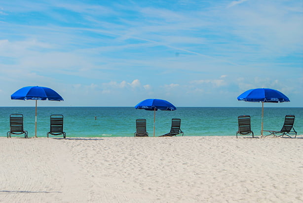 Beach, Chairs and umbrellas.